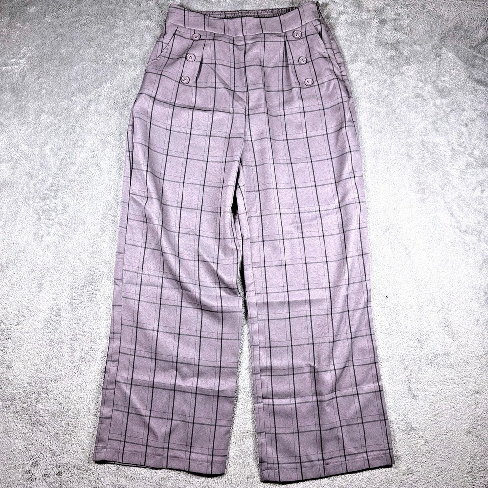 Belle Pogue Sailor Pants Womens M Purple Plaid Wide Leg High Waist NWT